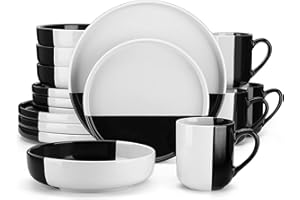 vancasso Aria Dinne Sets, White & Black Dipped Glaze Crockery Set, 16 Pieces Plates and Bowls Set with 10.2in Dinner Plate, 8in Dessert Plate, 860ml Pasta Bowl and 360ml Mug, Service for 4