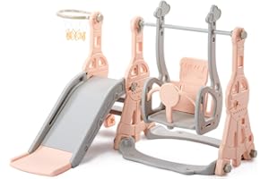BHFFTHK Scivolo e Altalena 4 in 1 per Bambini, Parco Giochi con Arrampicata E Canestro da Basket, Scivolo da Esterno E Interno per Bambini, Scivolo da Giardino per Bambini, Set da Gioco per Bambini