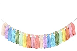 VELLICHOR EUROPE Pastel Coloured Boho Room Decor Tassel Garland | For Home, Office or Classroom | Chic Wall Tassle Decorations | Colourful Rainbow | Ideal for Kids or Nursery Room | Modern Decorative Accessory