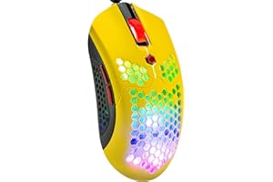 MAMBASNAKE Wired Lightweight Gaming Mouse 65G, 26 RGB Backlit USB Gaming Mice & 7 Buttons Programmable Driver, PAW3325 12000DPI, with Ergonomic Ultralight Honeycomb Shell model O for PC Gamers,Xbox, PS4-Yellow