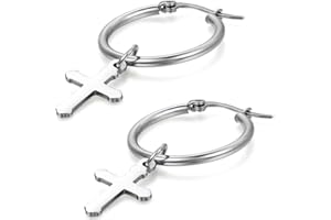 Flongo Men's Women's Stainless Steel Cross Dangle Loop Hinged Earrings, Hoop Drop Earrings Set, Colors Silver Black Gold Rosegold