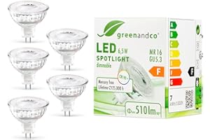 greenandco 5x MR16 GU5.3 | regulable | sustituye 45W | blanco cálido 3000K | IRC 90+ | 6,5W 510 lm | 38° | sin parpadeo | COB LED spot | 12V AC/DC