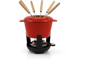 BBQ-TORO Set fonduta in ghisa per 6 Persone Set fonduta 13 Pezzi con bruciatore e forchette quantità di riempimento 1 litro di Cioccolato al Formaggio induzione. (Rosso/Smaltato)