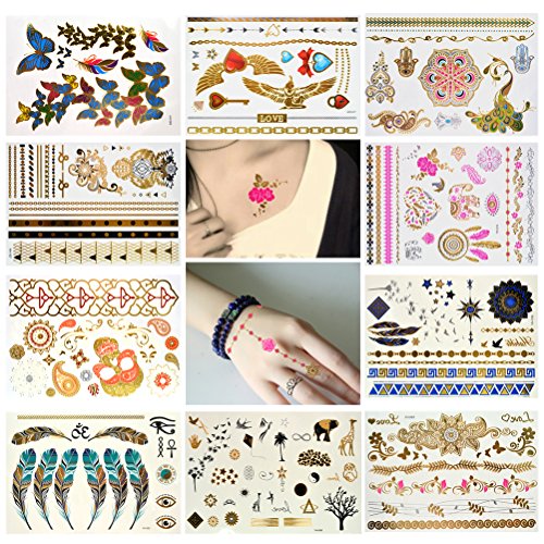 10 SheetsTemporary Tattoos Body Paints, SUMERSHA Halloween Temporary Tattoos Metallic Tattoos Waterproof 47 Different Patterns Lotus, Koi Fish, Wings, Sexy Lady