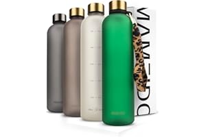 MAMEIDO butelka na wodę 1 l szmaragdowe zielone złoto - plastikowa butelka na wodę z markerem czasu motywacyjnego, wolna od BPA - Wodoodporna butelka sportowa do gimnastyki, Detox