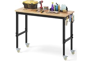 COSTWAY Regulowany stół warsztatowy na kółkach, stół roboczy z drewna gumowego z 2 płytkami perforowanymi i metalową ramą, udźwig 1100 kg, stół warsztatowy, stół narzędziowy o powierzchni roboczej 122