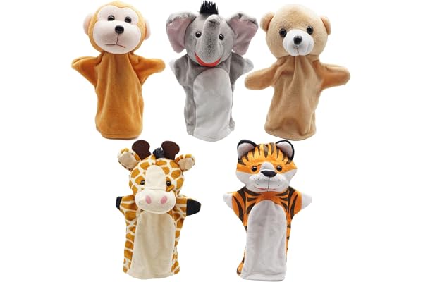 CreepyParty Lot de 5 marionnettes à main, marionnettes à tête d'animal sauvage pour enfants et bébés, marionnettes d'animaux de zoo en peluche douce pour enfants, tout-petits, garçons et filles