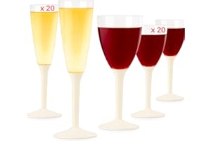 TABLE'COLORS Flutes Champagne Plastique (20) + Verres Plastique Reutilisable (20) - Gobelet, Verre a Pied Coloré - Design Idéal pour Anniversaire, Mariage, Noël - 100% Recyclable et Réutilisable (Ivoire)