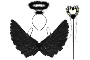 FEILOREVA Black Angel Wings with Wand and Devil Horns Headband – Womens Halloween Costume Adult Set for Dark Fallen Angel Party Look