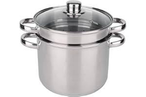 BAUMALU - Cuiseur à Pâtes - Acier Inoxydable - Tous Feux dont Induction - Triple Fond Diffuseur, Répartition Homogène de la Chaleur - Couvercle en Verre avec Bords Inox et Trou Vapeur - Ø24cm