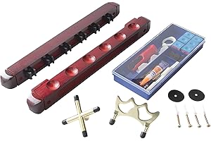 BETTERLINE Billiard Wooden Rack for 6 Pool Sticks, Bridge Spider Head, Cross X Rest, Accessories, 5 Chalk Cubes and 2 Table Spot Stickers