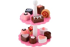 WOODENFUN Cuisine pour enfants Dessert en bois Jouet de cuisine Accessoires avec support à gâteau pour enfants Thé Party Jeu de rôle Faux découpe Bois Alimentaire Jouets (desserts) (desserts)