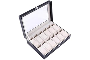 DWD Black Faux Leather Watch Case Bracelet Jewellery Display Storage Box Tray Organiser (12 slot)