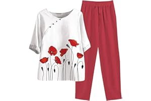 HAOLEI Set Lino Estivo Tuta Donna Completa Camicia Per Anziani E Mezza Età Old Lady Top Con Maniche a Sette Punti E Completo Di Pantaloni Tuta Elegante Donna Moda Stampato Curvy Casual Leggera Confortevole