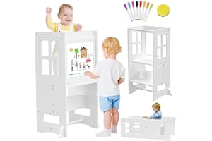 BUEDEHAI 4 in 1 Kitchen Stool Helper, Kids Step Stool with Whiteboard and Safety Rail, Anti-Slip Protection, Height-Adjustable Kids Learning Standing Stool for Kitchen Counter Bathroom Sink