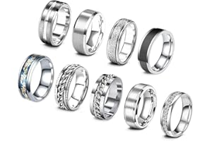 SOXEMAN 9 pieces/set men's golden/silver ring set (2 of which chain rotating rings relieve anxiety and stress) trendy and fashionable women's couple stainless steel rings