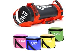 ‎EYEPOWER EYEPOWER 10kg Power Bag + 4 Kettlebell Gewichte - Befüllt mit Eisensand - Besser als Geräte: 6 Griffe Fitness Sandbag für Zuhause - 17x45cm Gewichtssack für Home Training - Bauch- und Rückentrainer