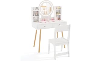 COSTWAY Kids Dressing Table, Girls Vanity Set with Stool, 2-Color LED Lights Mirror, Drawers, Storage Shelves, Make Up Pretend Dresser Desk Chair Set (White)