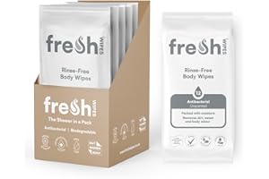 FreshWipes Unscented Antibacterial Body Wet Wipes For Adults 5 Pack (60 Wipes) - Extra Large Biodegradable - Dermatologically Tested & Suitable for the Elderly or Disabled - Great for Camping