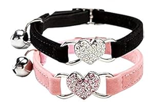Collar de gato con campana de Chukchi, hecho de terciopelo suave y seguro, ajustable, con corazón de cristal, de 20 a 28 cm