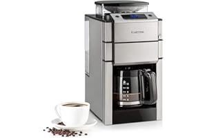 KLARSTEIN Cafetière à Grain Expresso avec Broyeur 1000W Automatiques, Minuterie et Filtre à charbon actif, 3 Niveaux de Mouture, 12 Tasses