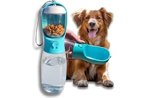 PET TRADING POST Leakproof Dog Water Bottle with Treat Holder & Bowl for Walking Dogs and Puppies, 550ml Portable Dog Water Bottle + Integral Charcoal Filter + 100g Airtight Dog Treat Dispenser in Gift Box