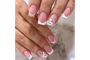 JUSTOTRY 24 Pcs Heart Square Short False Nails,Milky French Press on Nails Pattern,Glitter Fake Nails Medium with Nail Glue,Pink Stick on Nails for Women,Squoval Nails Fake Nail for Nails Art