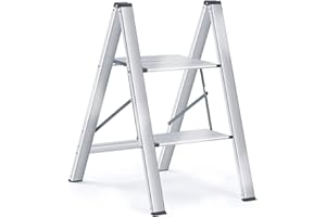 SINZUX 2-stufige Leiter aus Aluminium, kleine Trittleiter, faltbar, leicht, für Küche, Haushalt, Büro, Silber