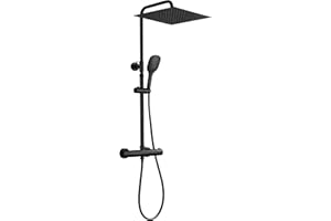 JOHO Columna de Hidromasaje Columna de Ducha con Grifo Termostático Negro Barra Ducha Reuglable en Altura Acero inoxidable 304 Ducha Cuadrada Lluvia 30 * 30cm