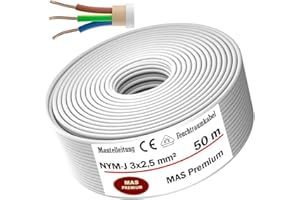 MAS PREMIUM Kabel zasilający do wilgotnych pomieszczeń, kabel zasilający od 5 m do 170 m, przewód płaszczowy NYM-J 3 x 2,5 mm², kabel elektryczny pierścień do stałego układania (50 m)