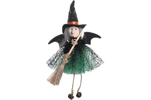 UKETO Halloween Small Witch Figurine with Gauze Skirt Hanging Witches Statue Soft Cloth Holding Broomstick for Indoor Outdoor Party Bar Festivals