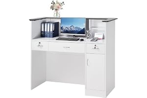 VEVOR Receptionsskrivbord, 127 cm rektangulärt främre bänkbord, modernt kontorsreceptionsskrivbord med ljusremsa, 3 lådor och