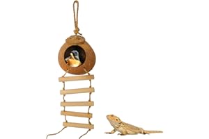 Aobuviou Gecko Coconut Husk Hut With Ladder - Natural Reptile Hideouts, Bird Nest Shell Hide for Small Animals