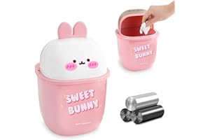 QLFJ-FurDec Tischabfalleimer Klein, Kawaii Mini Desktop Mülleimer mit 3 Rollen Müllsäcke, Cartoon Rosa Kaninchen Tischmülleimer mit Deckel 16.4 * 16.4 * 25cm, Cute mülleimer für Den Waschtisch(Weiß)