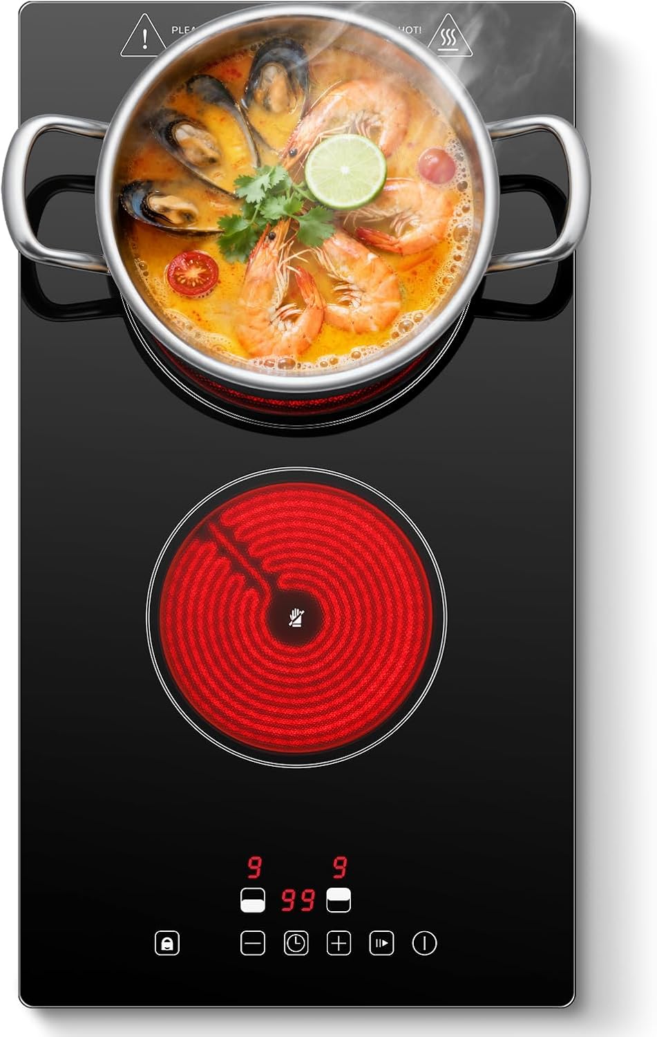 SNDOAS 30cm Ceramic Hob 2 Zones, 3000W Electric Hob Built-in/Countertop, Pause Function & 1-99 Min Timer, 9 Power Levels Touch Control, Child Lock, All Pots Compatible, Plug in Hob with UK standard