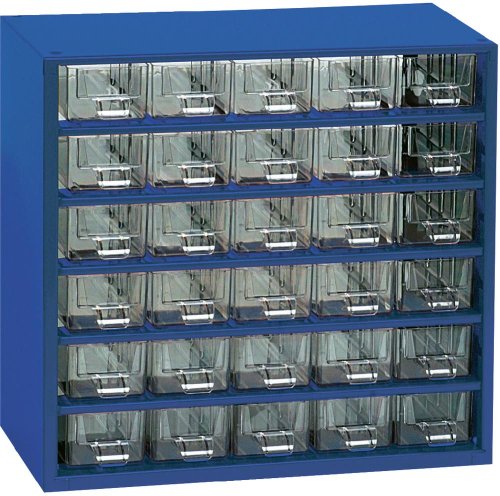 Kleinteilemagazin Metall blau 306x146x285 mm 30 Glasklare Kunststoff-Schubladen + 10 Trennstege