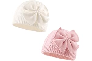 XIAOHAWANG Cappello Invernale per Bambina Nodo Rosa Cappello Bianco Grigio Lavorato a Maglia per Bambini Copriorecchie da 0-6 Anni