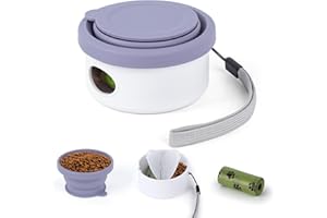 AMEITECH 3-in-1 faltbares Reise-Haustiernapf-Set, tragbarer Futterbehälter mit Wassernapf und Kotbeuteln für kleine und mittelgroße Hunde, Violett