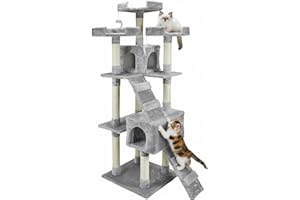 AQPET Tiragraffi XXL 170cm per Gatti con Cuccia, Albero Gioco Multifunzionale e Parco Giochi Completo, Colore Grigio