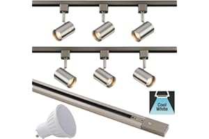 MANNINGHAM LIGHTING Modern Adjustable Tilt Rotatable 2 Meter 6 Spot Track Light Kit Single Circuit GU10 LED Cool White Picture Gallery Retail Shop Kitchen Spotlight Lighting Fixture