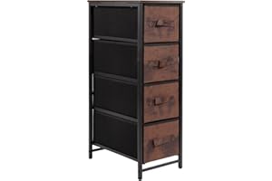 SWINTERY Chest of Drawers Bedroom, Drawer Storage Unit, Dresser with 4 Fabric Drawers, Metal Frame, Tall and Slim (Rustic Brown Wood Grain Print[Narrow version], 4 Drawers)