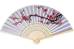 Yukiyi Handfächer für Damen, faltbar, Bambus-Fächer mit Quaste, Seidenstoff, Wanddekoration, Hochzeit, Party (Weiße Blume)