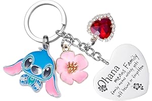 BJPERFMS Portachiavi Stitch, Keychain Stitch, Portachiavi Famiglia, Portachiavi Anime, Personalizzato Gadget Stitch, Porta Chiavi Cuore con Scritta “Ohana Means Family”