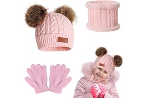 LIVESTN Chaud écharpe et Gants Bonnet Ensemble pour Enfants, Set de 3 Pièces Enfant Ensemble Chapeau Hiver Bonnet avec Pompon Écharpe Gant Tricot Doublure Épaisse pour Fille Garçon 1-5 Ans