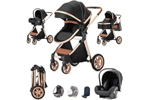 SHUKBETA Kinderkraft Kinderwagen 3 in 1, Kinderwagenset, Kombikinderwagen, Buggy, Autositz, Zubehör, Travel System, Zweistufige Federung, Große Räder, Einfaches Zusammenklappen(BLACK)