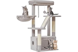 Taoqimiao Cat Tree, 98cm Cat Tower for Indoor Cats, Small Cat Tree Suitable for Kittens with Luxurious Cat Condo, Adjustable Basket and Luxurious Perch, Light Gray MS029SW