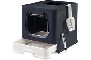 Suhaco Lettiera Pieghevole per Gattini, Lettiera per Gatti con Ingresso Dall'alto con Coperchio, Lettiera per Gatti Coperta con Paletta per Lettiera e 2-1 Spazzola per la Pulizia (Nero)