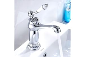 GHOPY Mezclador lavabo baño latón cromado vintage antiguo monomando de cerámica para baño lavabo (plata)