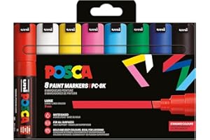 POSCA 182658 - Set di pennarelli POSCA, 8 penne acriliche PC-8K, pennarello permanente con punta a cuneo da 8 mm