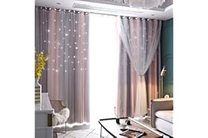 Lanqinglv Girls Curtains with Sheer Net - Kids Room 2 Panels Stars Blackout Curtain with Hollow Out Design,Pink Grey Double Layer Star Cut Out Living Room Window Curtains Nursery,W 52 in x L 63 in
